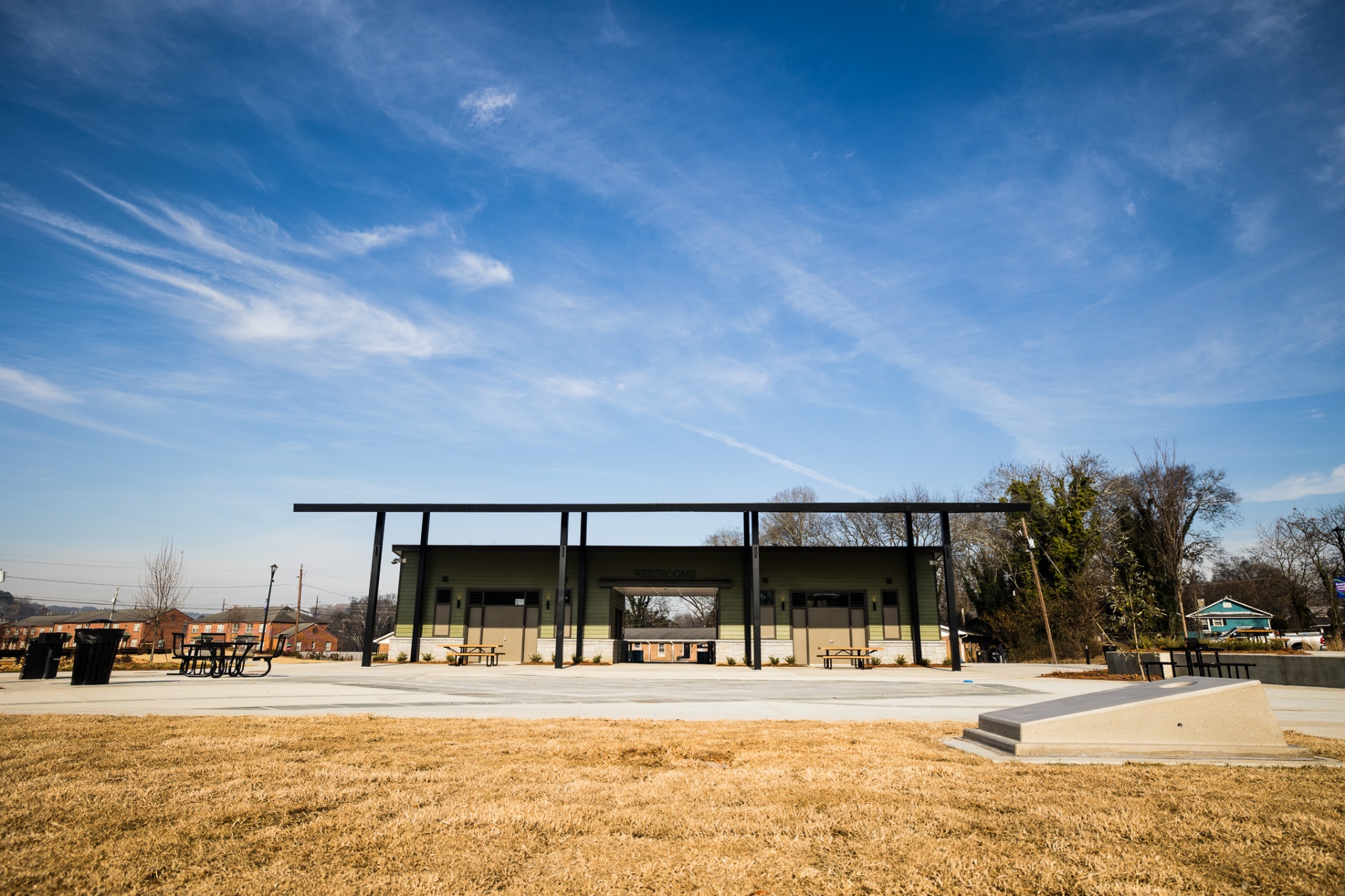 The pavilion, straight on — a quiet civic monument