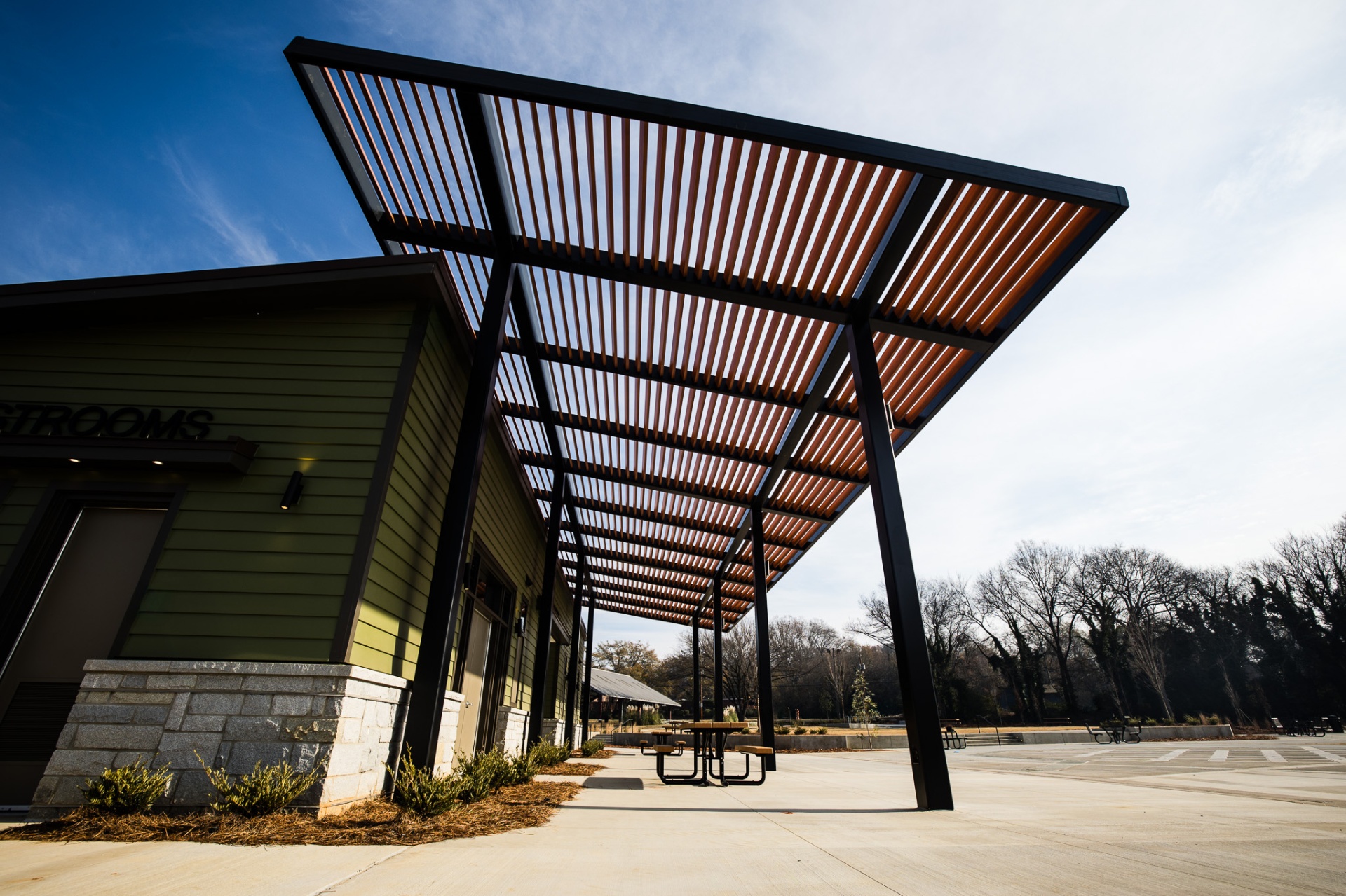 The pavilion seen from beneath its cantilevered canopy