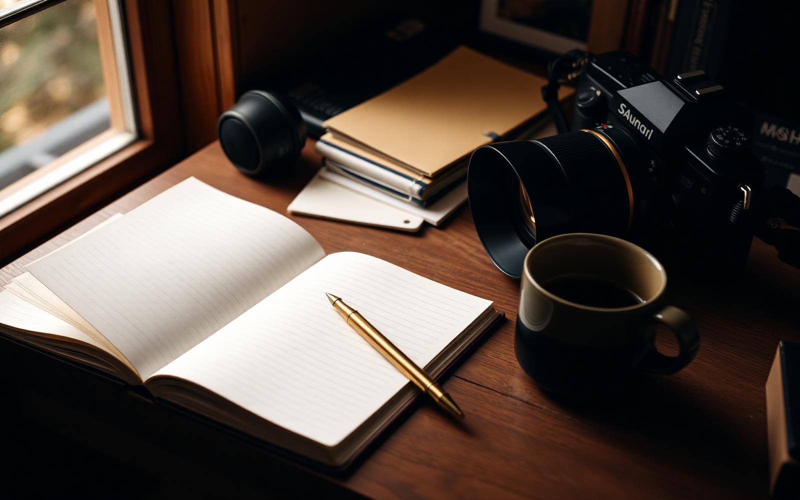 A notebook, brass pen, and camera in warm morning light